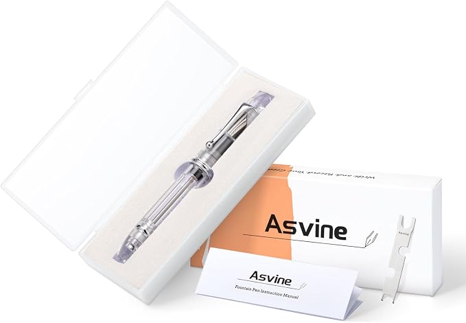 Asvine V800 Fountain Pen - Vacuum Filling System with Large Ink Capacity - Smooth Number 8 Medium Nib with Gift Case and Wrench - Clear Silver Acrylic