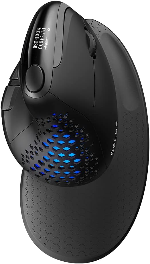 DELUX Seeker Ergonomic Mouse Wireless, Vertical Mouse with OLED Screen, 6 Buttons&Thumb Wheel Function, Silent Click, Up to 7200DPI, Programmable, Rechargeable, BT/2.4G/Wired, RGB Light(M618XSD-Black)