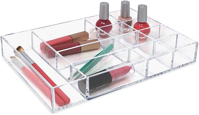 Isaac Jacobs 12-Compartment Clear Acrylic Drawer Organizer - 9.4"x6.4"x1.3" | Drawer Organizer (9.4" L x 6.4" W x 1.3" H), Multi-Sectional Storage Solution for Makeup, Office Supplies, Bathroom, Kitchen