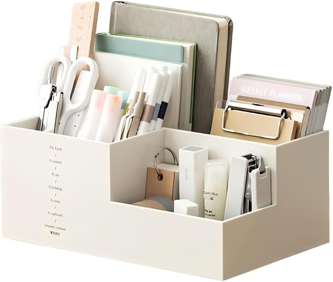 Jekelife Desktop Storage Organizer,3 Compartment Multi-Grid Desk Container,Open Wide Opening Hard Thickened Pen Holder for Office Stationery,Home Small Item, School Supplies Organization White