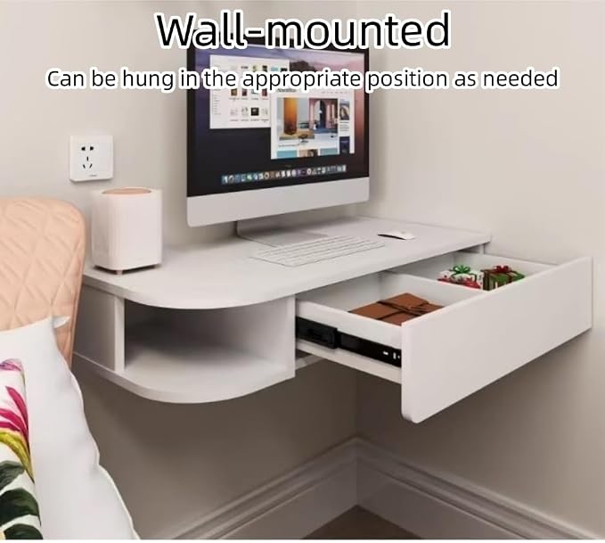 Wall Mounted Desk, 16.1-inch Wide Floating Laptop Table, Floating Night Stand, Office Workstation Hanging Desk, Floating Console Media Storage Cabinet(White,L47.2in)