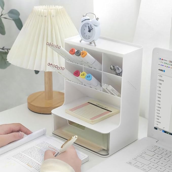 Desk Organizer with Drawer Pen Holder Workspace Organizers Perfect Office Desk Accessories and Workspace Organizers for Home Office Organization (White/Transparent)