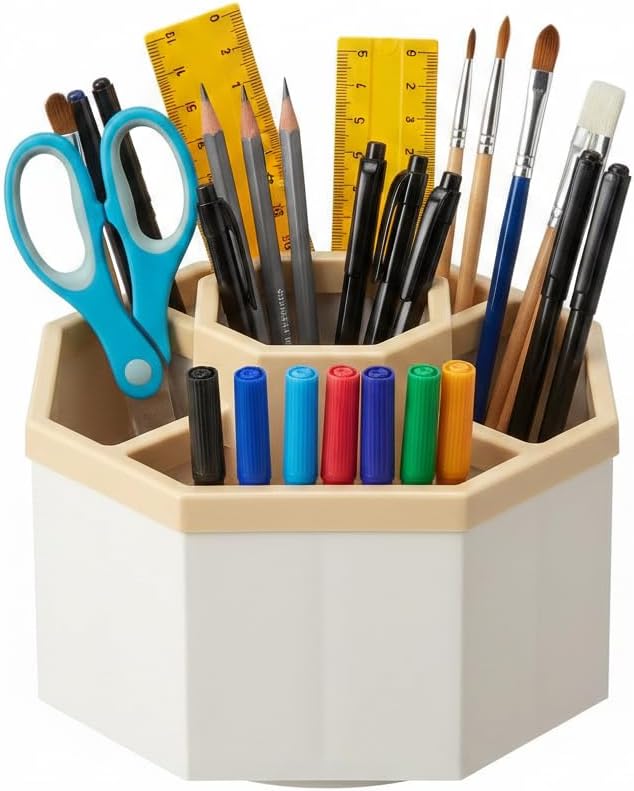 Jekelife 360 Degree Rotating Pen Holder,5-Compartment Desk Organizer,Beige | Five divided compartments and a smooth rotating base keep pens, pencils, markers, scissors and art supplies within reach.