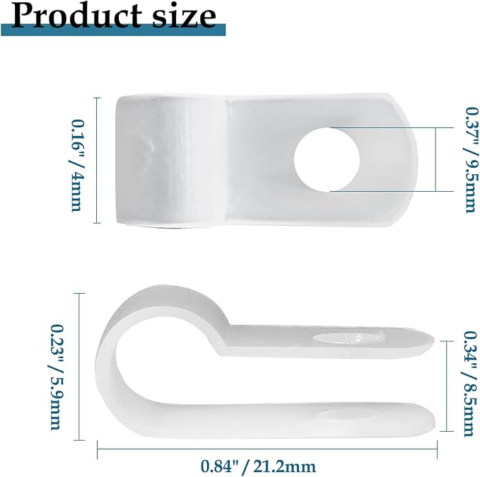 1/4 Inch R-Type Clip Clamp, 100 Pcs | Nylon P-Type Mounting Clips, Cable & Wire Management, Stainless Steel Screws Included