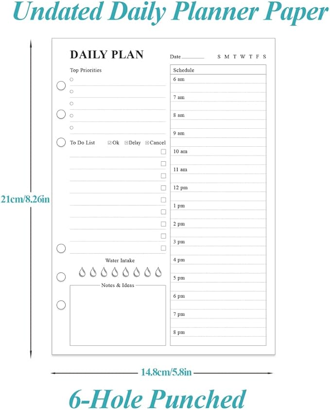 ZGMJ Undated Daily Planner Refill - A5 Day Planner Insect To Do List, 100 Sheets/200 Pages Planner and Lined Refill, 6-Hole Punched, 100 gsm White Paper, 5.8'' x 8.3''