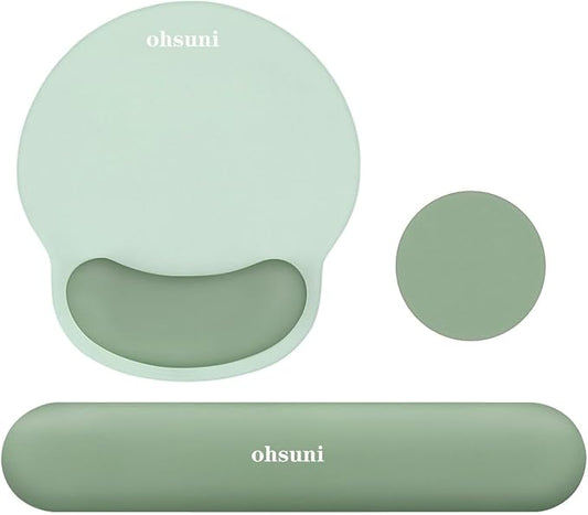 Wrist Rest Support for Mouse Pad&Keyboard Set,3-in-1 Silicone Memory Foam Mouse Pad,Circle Curved Ergonomic Mousepad&Coaster Non-Slip Silicone Base,Suitable for Home/Office use,Antique Green