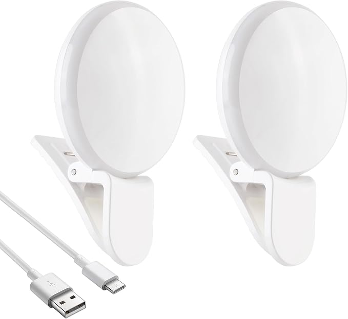 2Pcs Mini LED Ring Light, Rechargeable Small Clip On Selfie Light, Portable Adjustable 3 Brightness Lighting Modes Ring Lights for Phone, iPad, Tablet, Laptop, Tool for Tiktok Stuff