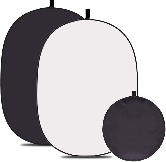 5 x 3.3ft (1.5mX1m) 2 in 1 Polyester Muslin Black and White Collapsible Backdrop, Small Pop Up Portable Reversible Photography Background with Carrying Bag