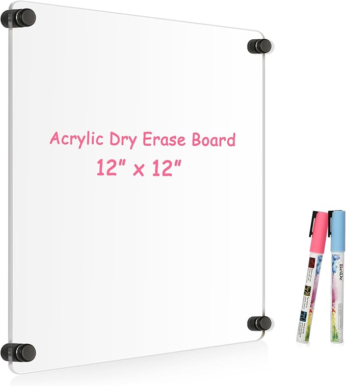 Clear Acrylic Dry Erase Board, 12" X 12" Non-Magnetic Frameless White Board for Wall, Clear Erasable Acrylic Board for Wall, Home, Office, School, 2 Markers