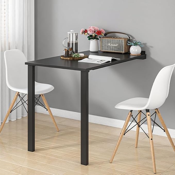 Wall Mounted Folding Table 29.5x15.7 inch, Drop-Leaf Dining Table for Small Spaces, E0-Grade Solid Wood Murphy Table with 132lbs Capacity, Space-Saving Desk for Kitchen Office (Black)