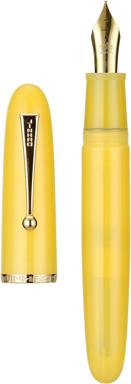 Jinhao 9019 DaDao Series Fountain Pen, Size 8 Medium Heartbeat Nib with Large Ink Converter, Yellow Jade Acrylic Design Smooth Writing Pen (Gold Trim)