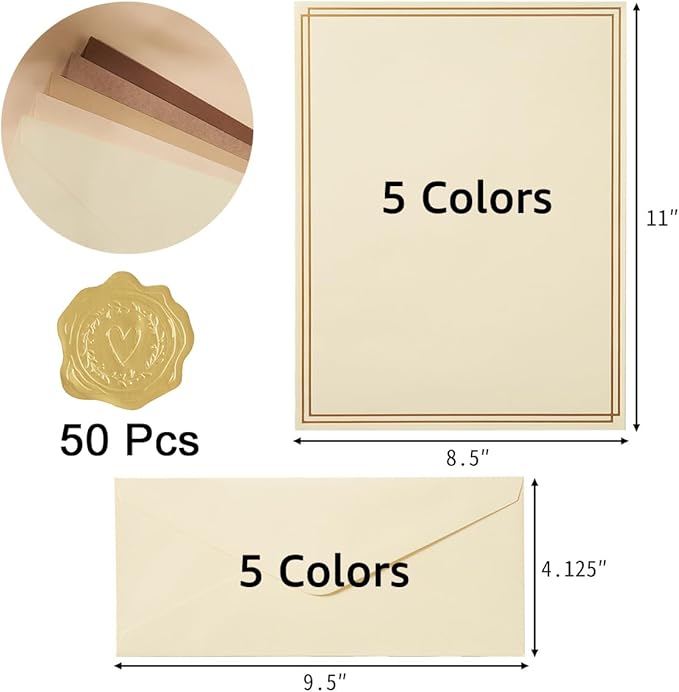 50 Pack Colored Stationery Set, 5 Colors #10 Business Envelopes, 50 Sheets 8.5x11 Paper Sheet and Gold Stickers for Office, Letters, Invitations (Brown)