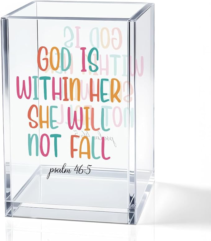 God Is Within Her, She Will Not Fail Acrylic Pencil Holder Cup Gifts | Bible Verse Inspirational Pen Holder for Office Desk, Psalm 46:5 Christian Gifts for Women, Jesus Faith Inspirational Gifts