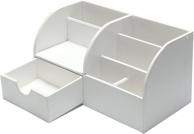UnionBasic Desk Organizer - Multifunctional Leather Desktop Pen Holder Storage Box - Business Card/Pen/Pencil/Mobile Phone/Stationery Holder, White