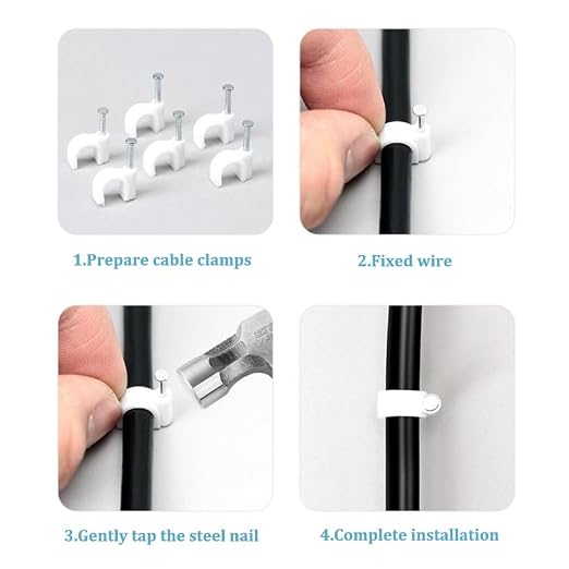 HS Cable Clips 8mm with Steel Nail 200 Pieces White,Ethernet Management U Shaped Wire Cord Staples Hooks for Outdoor Wall,Coax Cat7 RG8 Cable Extension Fasteners
