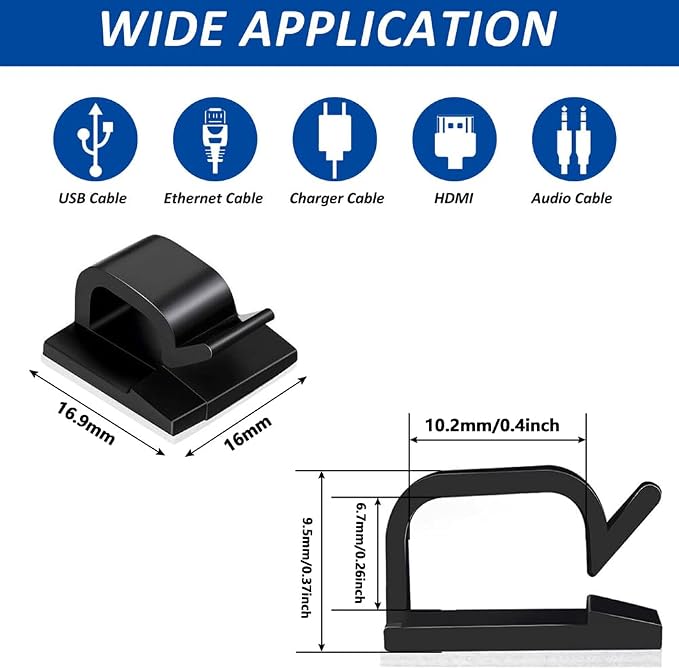 150 PCS Adhesive Cable Wire Clips Black, Outdoor Cable Management Wire Organizer Cord Holder for Under Desk, Car, Wall, TV PC Ethernet Cable (Black)