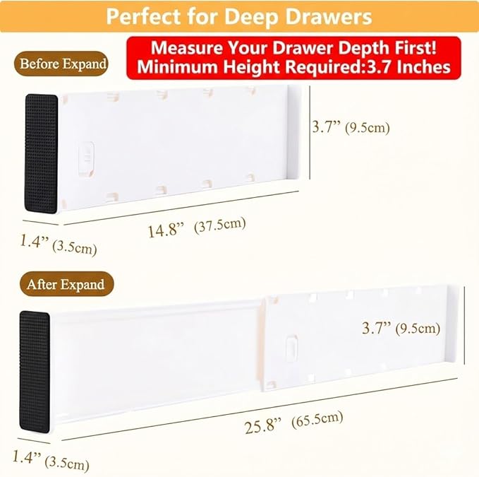 Extra Long Drawer Dividers (14.8"-25.8"), 3.7" Tall Deep Drawer Organizer for Kitchen Utensils, Bedroom Dresser & Large Clothes - 6-Pack Adjustable Separators