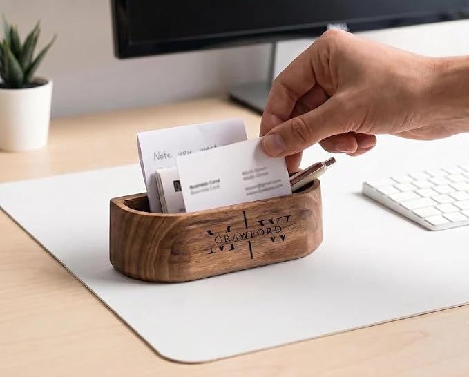 Natural Walnut Wood Desk Caddy, Minimalist Open Storage Organizer Tray for Business Cards Pens Small Office Desktop Accessories, Mid-Century Tabletop Wooden Catchall Holder for Home Office Workspace