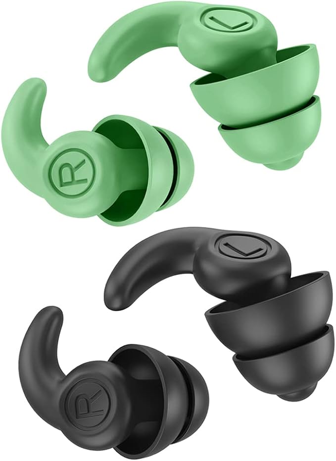 Super Soft Silicone Noise Reduction Earplugs Reusable Hearing Protection in Flexible Silicone for Sleep, Noise Sensitivity & Flights (Black Green)