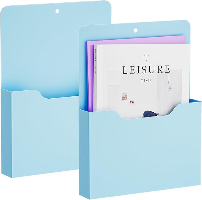 Marbrasse 2 Pack Magnetic File Holder - Paper Holder, Pocket Organizer,Hanging Wall File Organizer Office Supplies Storage, Magazine Mail Organizer Case for Notebooks,Planners,Letter (Blue)