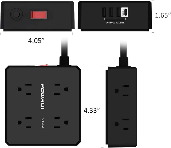 Surge Protector Power Strip - 10 Ft Flat Plug Extension Cord with 8 Widely Outlets and 4 USB Ports(1 USB C), 3 Side Outlet Extender for Home Office, Black, ETL Listed