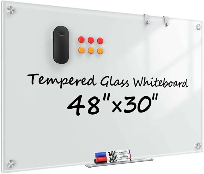 Glass Whiteboard 48" x 30", Frameless Wall Mounted Dry Erase Board with Tempered Glass Surface, Steel-Backed Magnetic Support, Tray, Eraser, Markers & Magnets for Office, School, Home