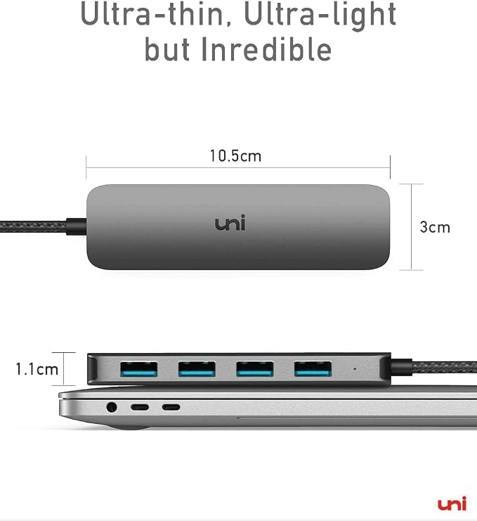 uni USB C to USB Hub Multiport Adapter, Aluminum 4 Ports USB C Splitter for Laptop, Slim Thunderbolt 3/4 Data USB Hub Compatible for MacBook Pro/Air, iPad Pro, Dell, Chromebook | Keyboard, Mouse, HDD