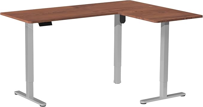 VIVO Corner Standing Desk, 63 x 55 inch Reversible L-Shaped Workstation, Electric Height Adjustment, Home, Office, and Reception Rooms, Dark Walnut Table Top Gray Frame, DESK-E3CTGD