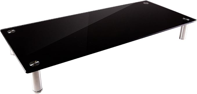 Monoprice Medium Multimedia Desktop Stand, Black Glass (27.6" x 12.2" x 3") - Stand & Riser, Laptop Stand, Desktop TV Stand, Dual Monitors w/ Height Adjustable Legs - Workstream Collection (116360), 25.6" x 11.0"