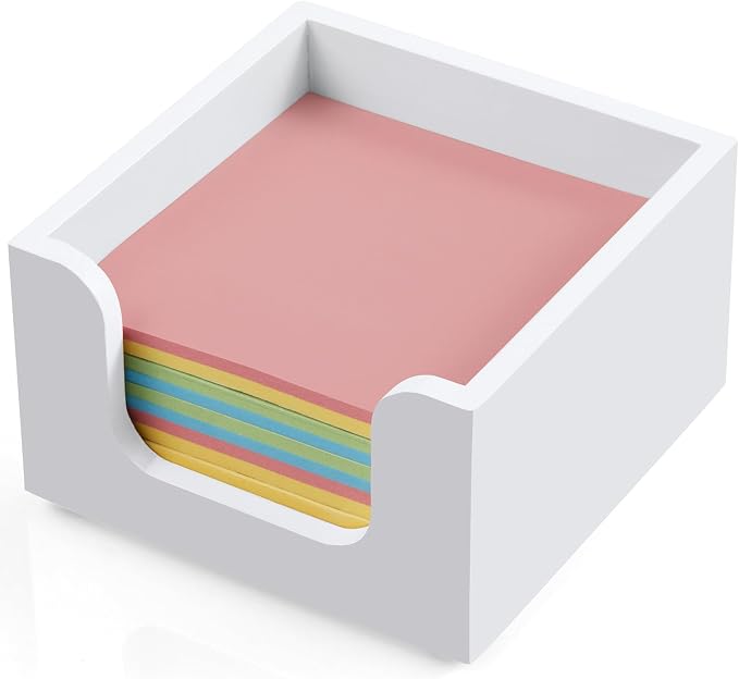 Wood Sticky Note Holder, 3 x 3 Inch Post It Note Dispenser for Office Desk Accessories, Self Stick Note Pad Holder, Memo Pad Holder Dispenser Organizer for School Office Desk Supplies, White