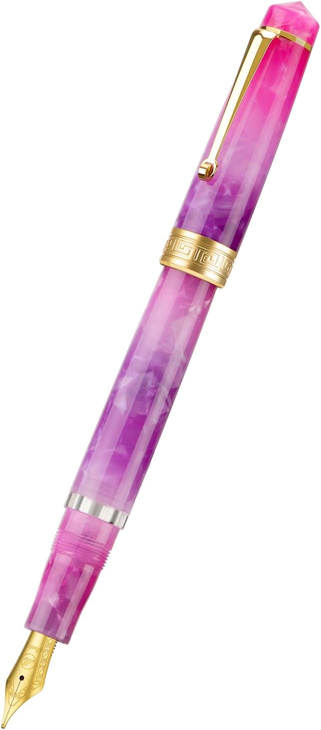 Asvine P20 Piston Fountain Pen Gradual Purple Resin, Iridium Extra Fine Nib Gold Trim Smooth Writer Collection with Case Set