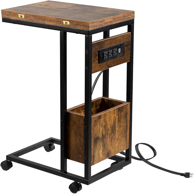Hadulcet C Shaped End Table with Charging Station & Foldable Tabletop, Folding TV Tray Table with Storage, Laptop Table for Couch, C Table for Sofa, Living Room Bedroom Small Spaces, Rustic Brown