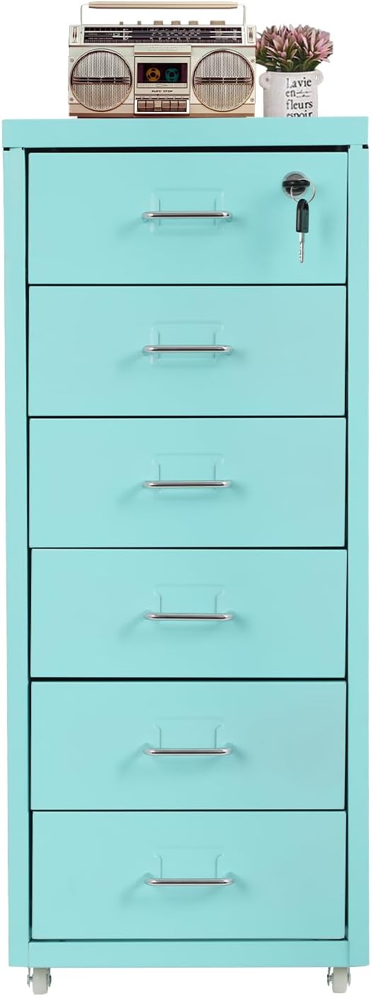 6 Drawer File Cabinet with Lock, Freestanding Filing Metal Drawers Organizer Vertical Metal Rolling Organizer Movable Under Desk Cabinet with Wheels for Home Office Living Room Study (6 Tiers Blue)