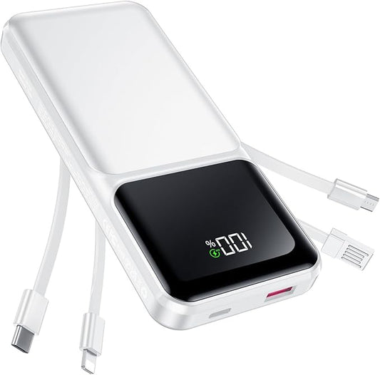 RONEGN Portable Charger with Built in Cable -20000mAh Fast Charging Power Bank USB C Slim 22.5W LED Display Battery Pack 5 Outputs & 3 Inputs for Travel Essentials iPhone Samsung Phones White