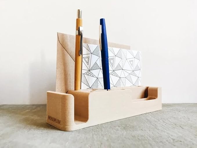 Minimalist Beige Wooden Desk Organizer, Multi-Compartment Pen Holder & Stationery Caddy, Modern Desktop Storage for Office Home School, Natural Wood Finish