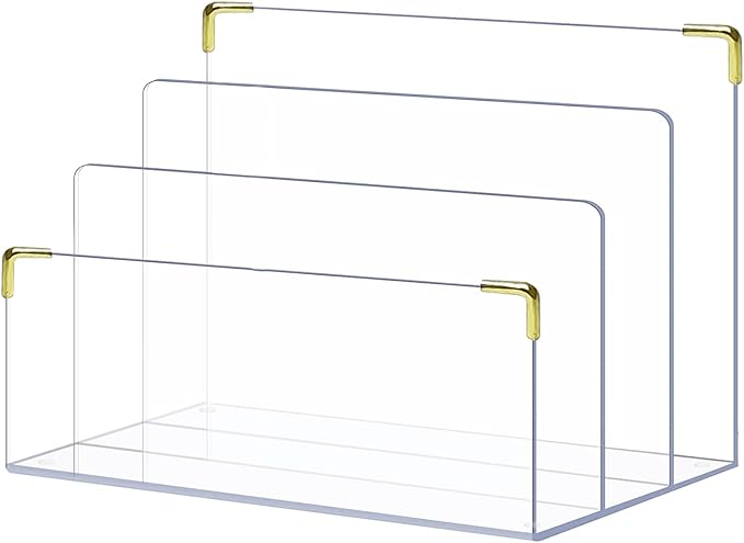 pbf Acrylic File Holder | Clear File Organizer for Desk w/ Gold Accents | Acrylic Desk Organizer, Folder Holder, Mail Sorter, File Stand, Magazine Divider, Laptop, Notebook, & Letter Organizer
