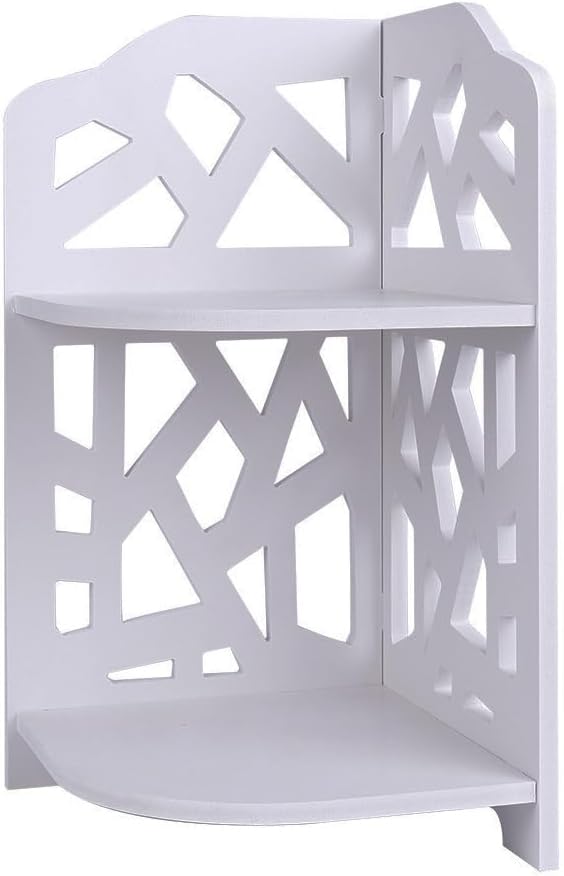 HornTide 2-Tier Corner Shelf, Brief Fashion Organizer Storage Rack, for Cosmetic Doll Potted-Plant Vitamins Supplements Caddy, DIY Desk/Table Decoration, Wood-Plastic Composites, White