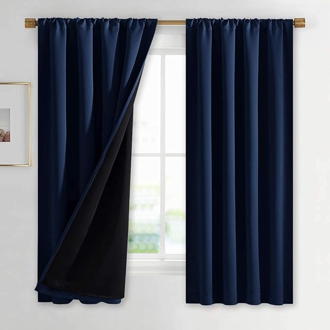 NICETOWN 100% Blackout Curtains, Thermal Insulated Black Liner Panels for Nursery Room, Noise Reducing and Cold Blocking Drapes for Windows (Set of 2, Navy, 42 inches Wide by 63 inches Long)