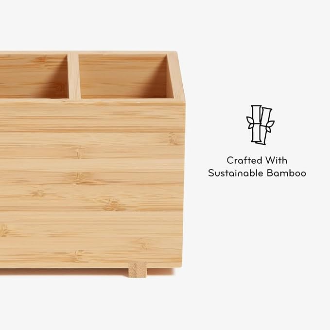 SKYREN Bamboo Desk Organizer – 7" x 3.5" x 4.2" Zen-Style Desktop Organizer for Office, Home & Study – Natural Wood Finish, Eco-Conscious Workspace Storage Solution
