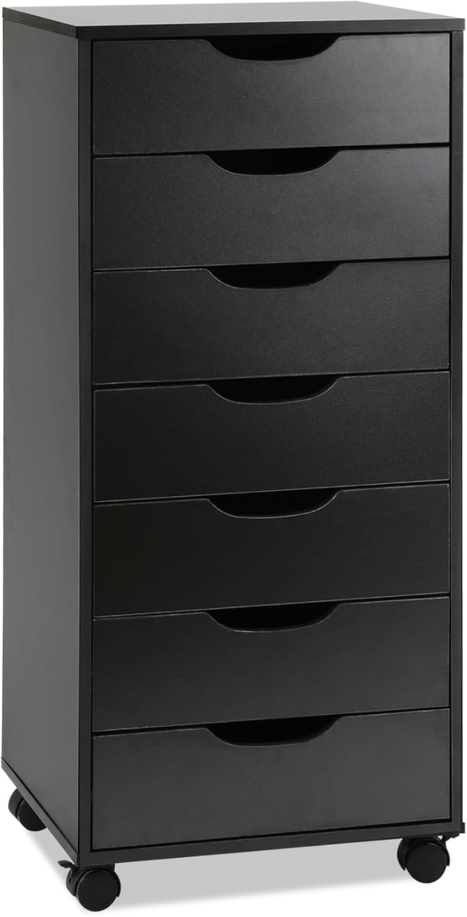 TUSY 7 Drawer File Cabinet with Wheels, Mobile Wood Storage Cabinet for Home Office, Rolling Drawer Organizer for Office Supplies, Printer Stand, Black