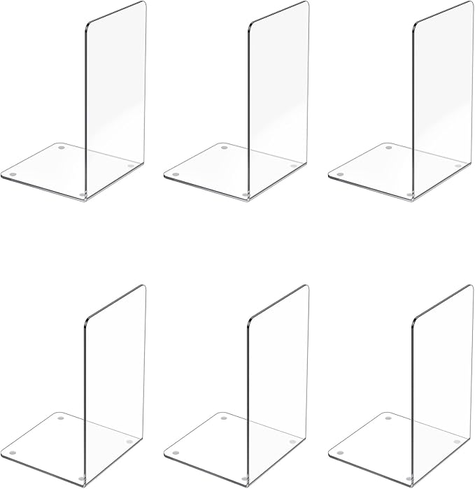 Acrylic Bookends 6 Pcs, Clear Book Ends for Shelves, Bookend Organizer | Transparent Book Holder Stand Decorative, Book Stoppers for Heavy Duty Books, CD, File, Video Games