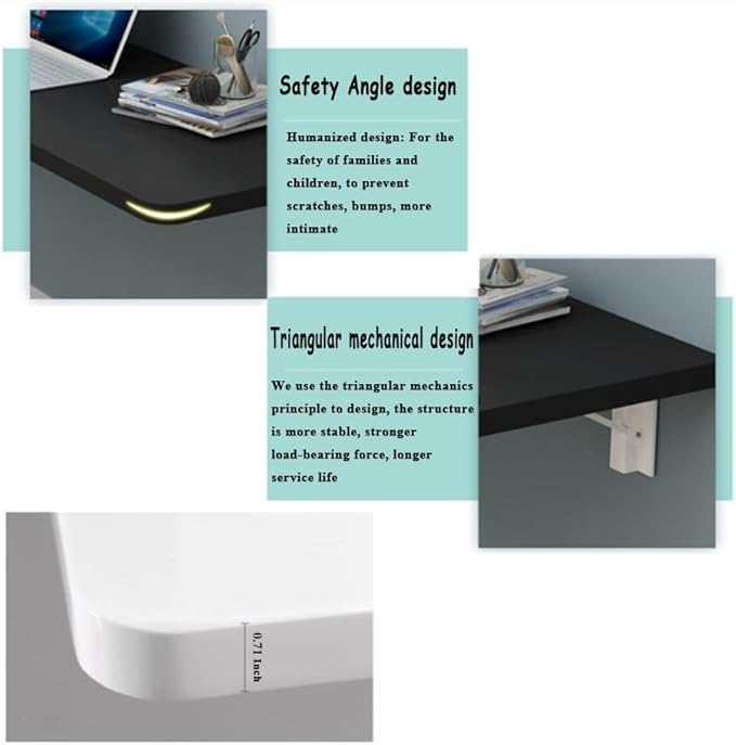 Folding Wall Table - Drop Down Wall Mounted Table - Suitable for Office, Study, Bedroom, Kitchen, Dining Room, Laundry and Other Places - Black - 27.6"D x 19.7"W