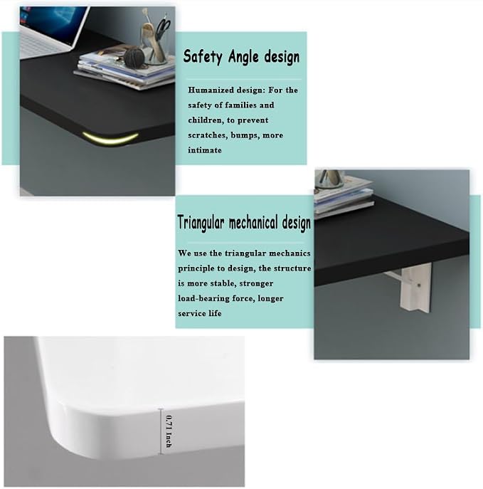 Folding Wall Table - Drop Down Wall Mounted Table - Suitable for Office, Study, Bedroom, Kitchen, Dining Room, Laundry & Other Places - Black - 31.5"D x 19.7"W