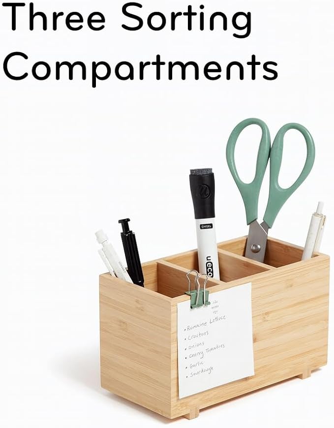 SKYREN Bamboo Desk Organizer – 7" x 3.5" x 4.2" Zen-Style Desktop Organizer for Office, Home & Study – Natural Wood Finish, Eco-Conscious Workspace Storage Solution