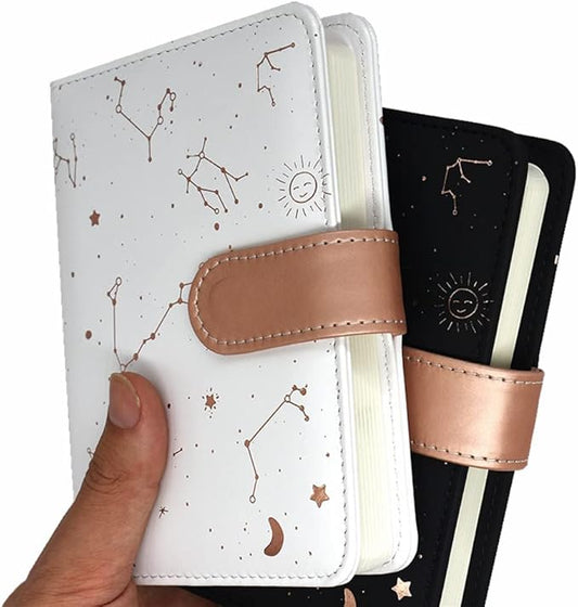 A6 Undated Daily Planner Starry Sky Journal Monthly & Daily Planner Small Diary Agenda, Self-filling Date, Soft Pu Leather Cover, Size 64K 4.1''x5.5'', Black+White