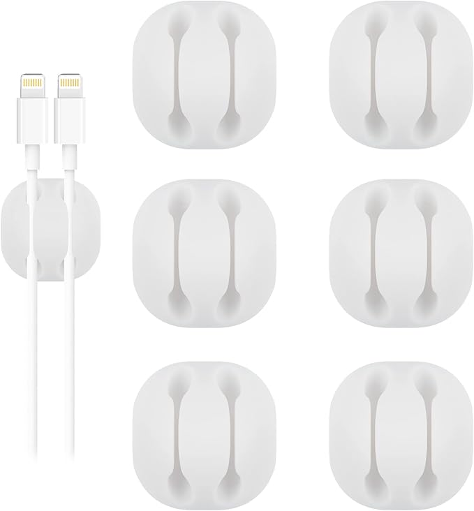 Shintop 6pcs White Double Cable Clips for Organizing Phone Charger | Self-Adhesive Cord Holder, Desk Wire Organizer for Car Cord, Secure Hold, Easy Cable Access, Residue-Free