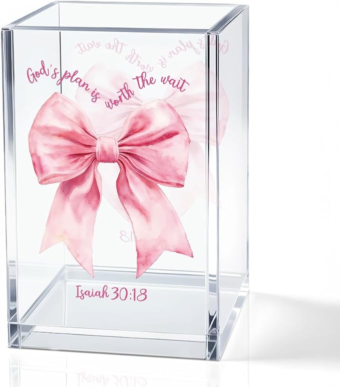 God's Plan is Worth The Wait Acrylic Cosmetic Holder, Pink Bow Clear Makeup Brush Holder Countertop, Storage Box for Makeup, Christian Bible Verses Birthday Gifts for Women Girlfriend Her