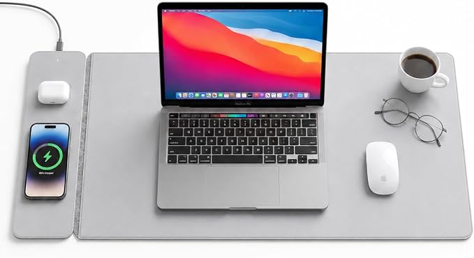Wireless Charging Desk Mat, Detachable MagSafe & Qi Mouse Pad with Hidden Storage Pocket, 4-in-1 Charges iPhone, Android, AirPods & Wireless Earbuds, Vegan Leather, XL 30.7"x14.6" (Grey)