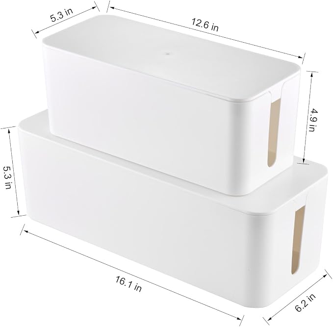 Cable Management Box, 2 Pack Large & Medium Cable Organizer Box with 17 PCS Cable Management Set, Cord Organizer Box to Hide Surge Protector on Desk or Floor (White)