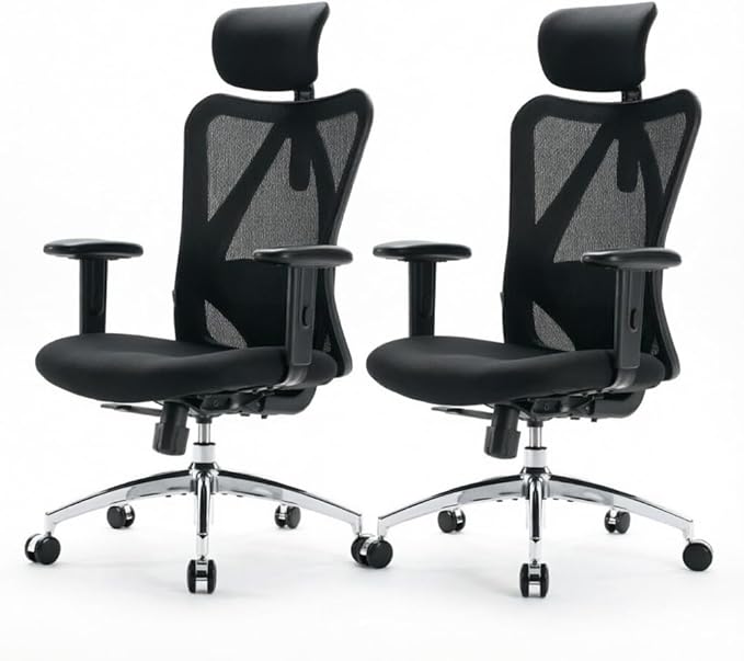 SIHOO M18 Ergonomic Office Chair, High Back Mesh Desk Chair with Adjustable Headrest & Lumbar Support, 330lbs Capacity Computer Chair with 2D Armrests & Wide Cushion, Tilt Lock, 2 Packs-Black